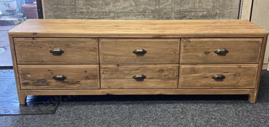 Ex Early Settler Kalise Reclaimed Timber 6 Drawer TV Unit. H55 W180 D45cm Image 1++